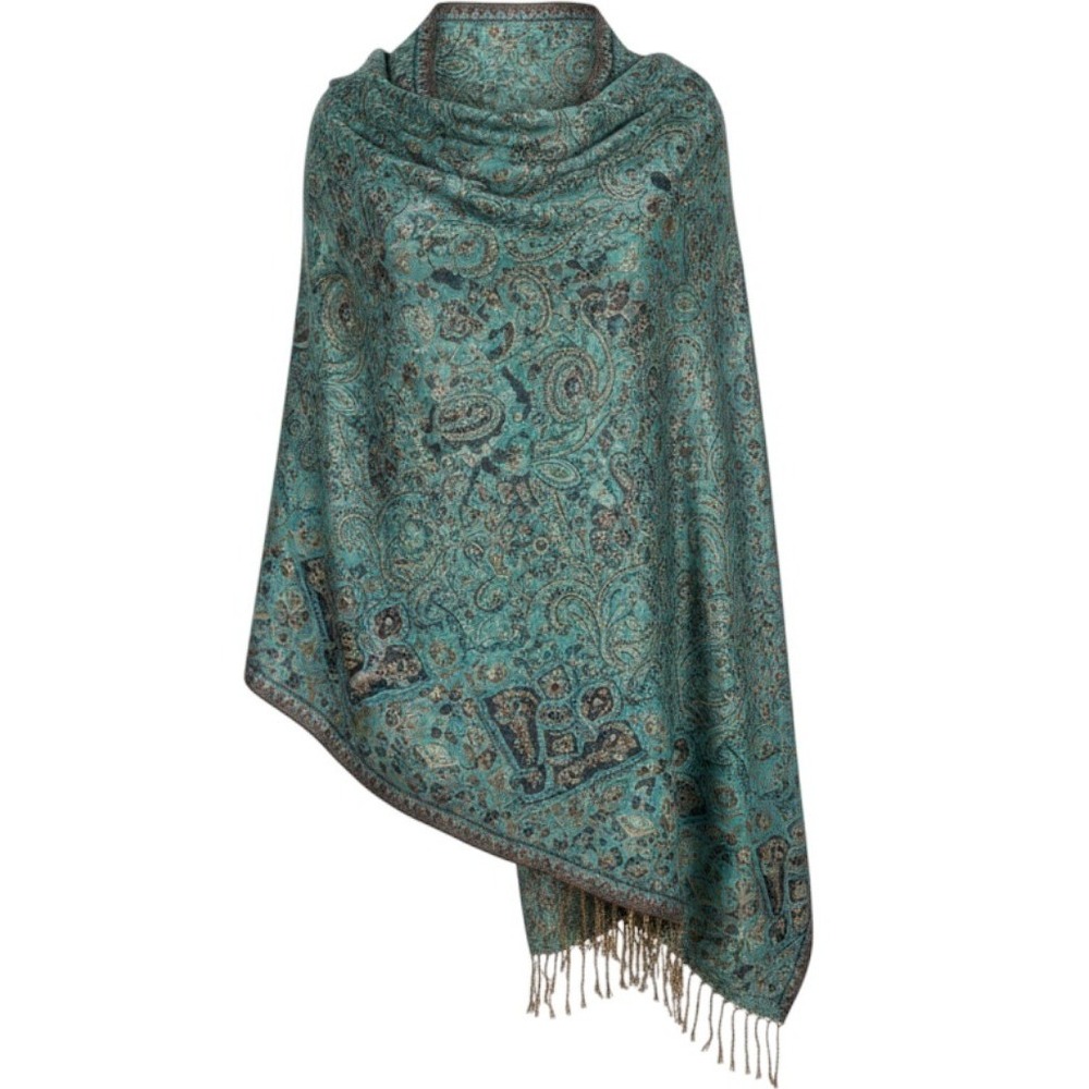 Pashmina Silk Blend Reversible Shawl Scarf Teal Burgundy Paisley Floral Fringe